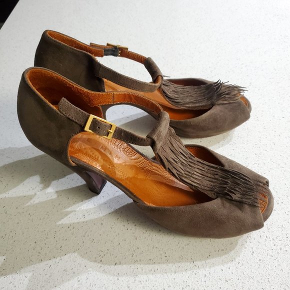 Chie Mihara micro suede leather heals - fringe t strap front - Picture 1 of 12